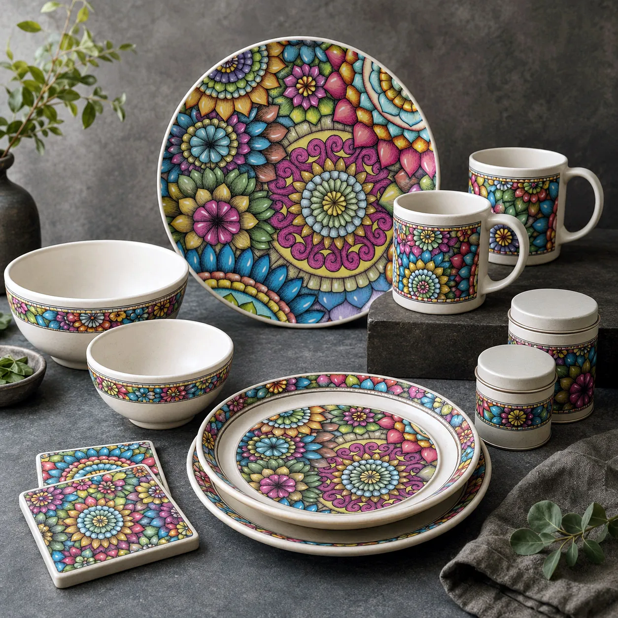 Ceramic tableware featuring Mandala Collage 2.