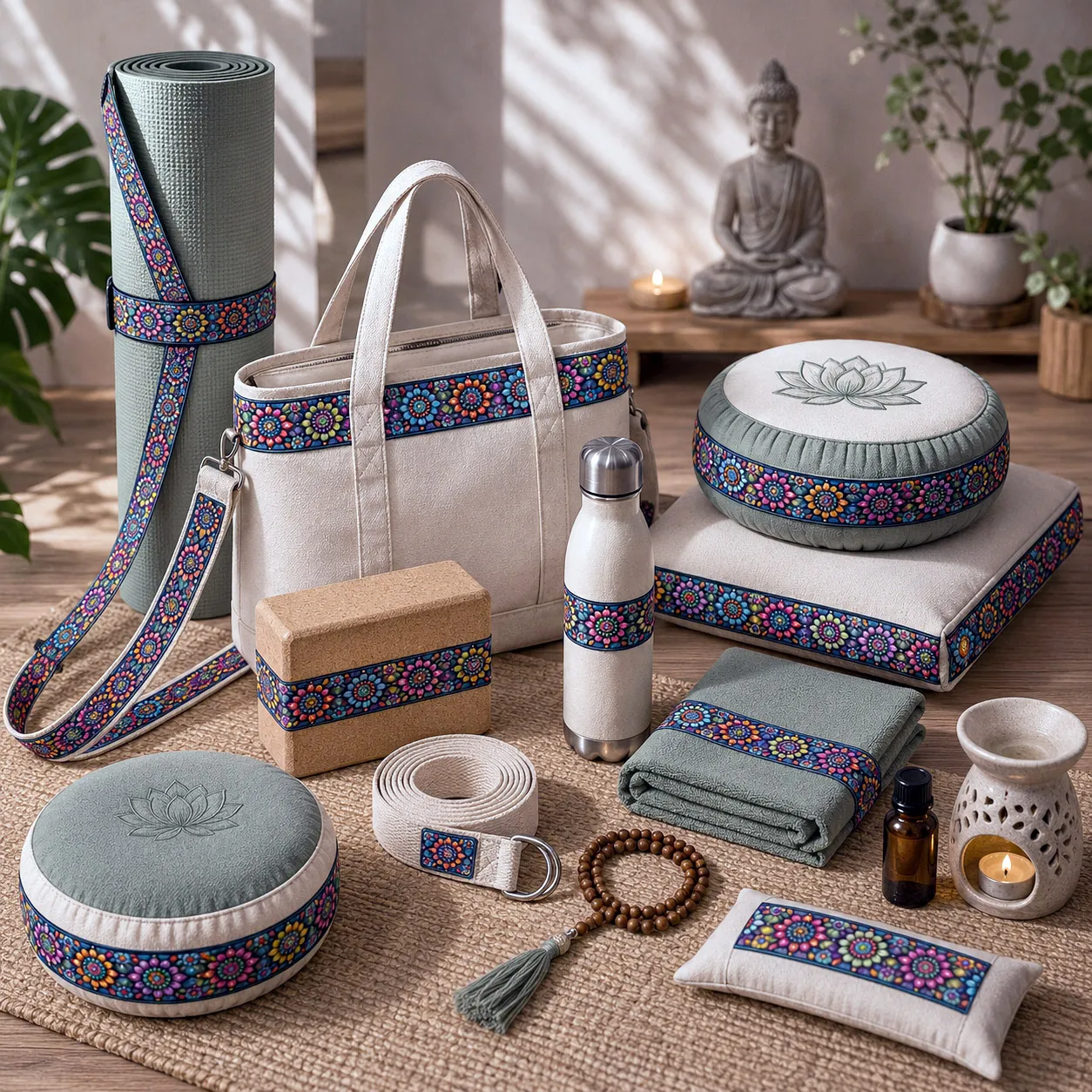 Yoga, meditation, and wellness products featuring Mandala Collage 2.