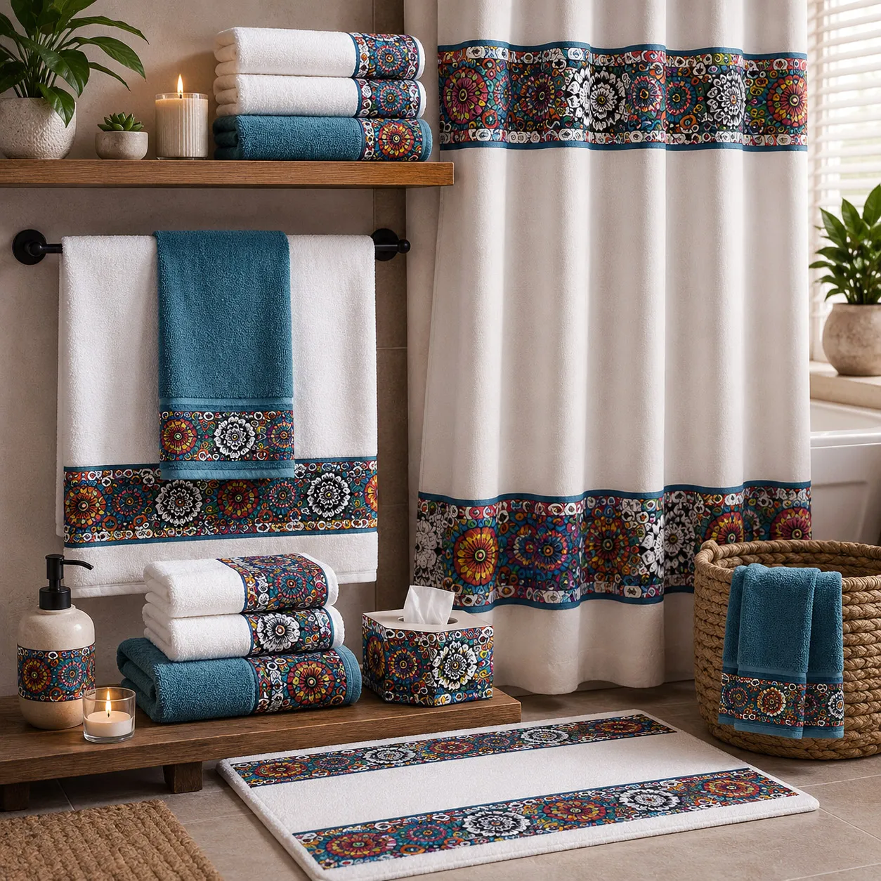 Bed and bath products featuring Mandala Collage 1.