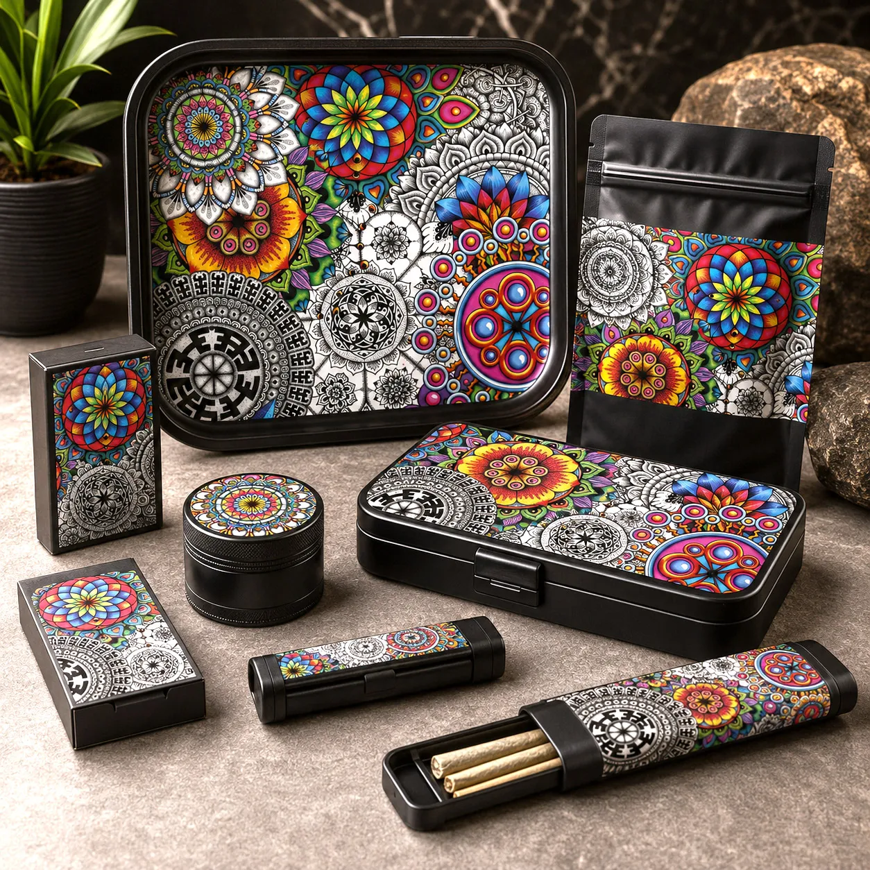 Cannabis products and accessories featuring Mandala Collage 1.