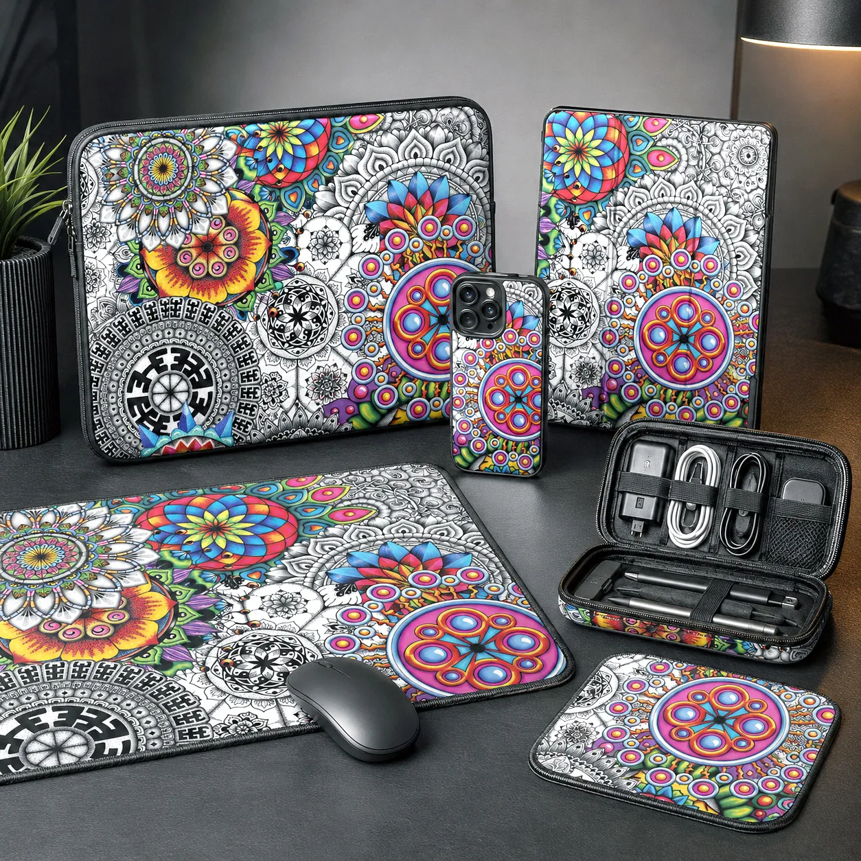 Phone, tablet, and laptop accessories featuring Mandala Collage 1.