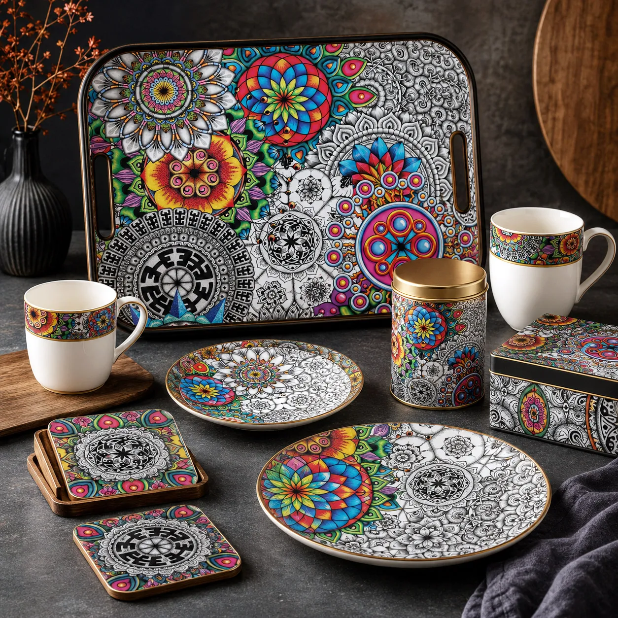 Tableware and entertaining products featuring Mandala Collage 1.
