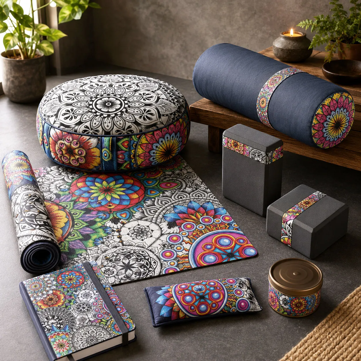 Yoga and meditation products featuring Mandala Collage 1.