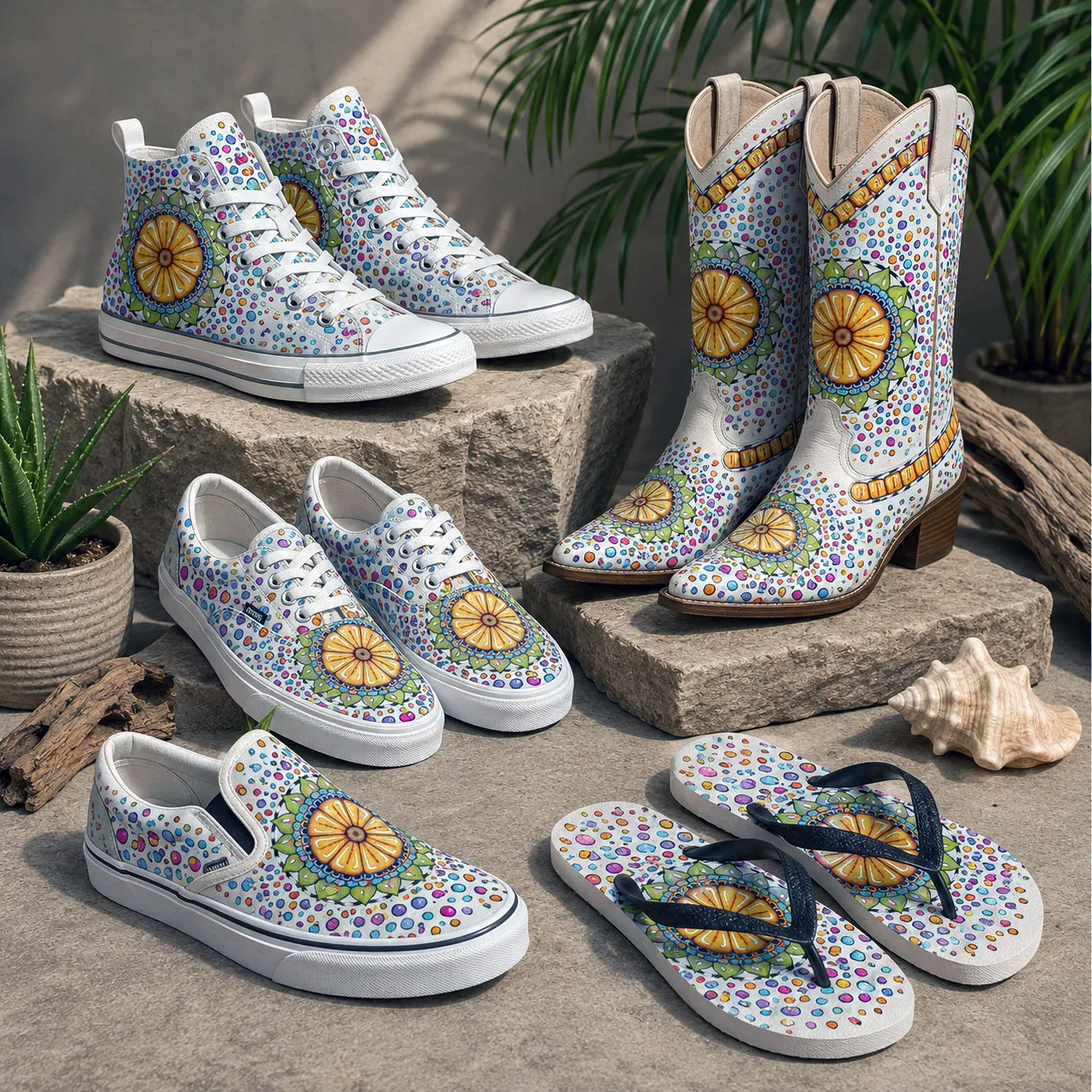 Footwear collection featuring the Surrender to Grace design system.