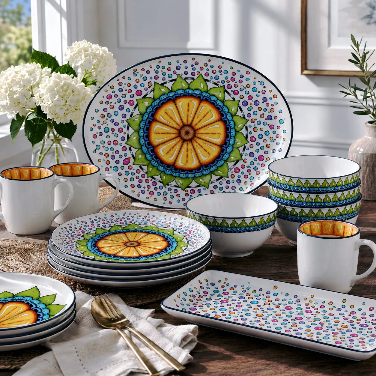 Ceramic tableware featuring the Surrender to Grace design system.