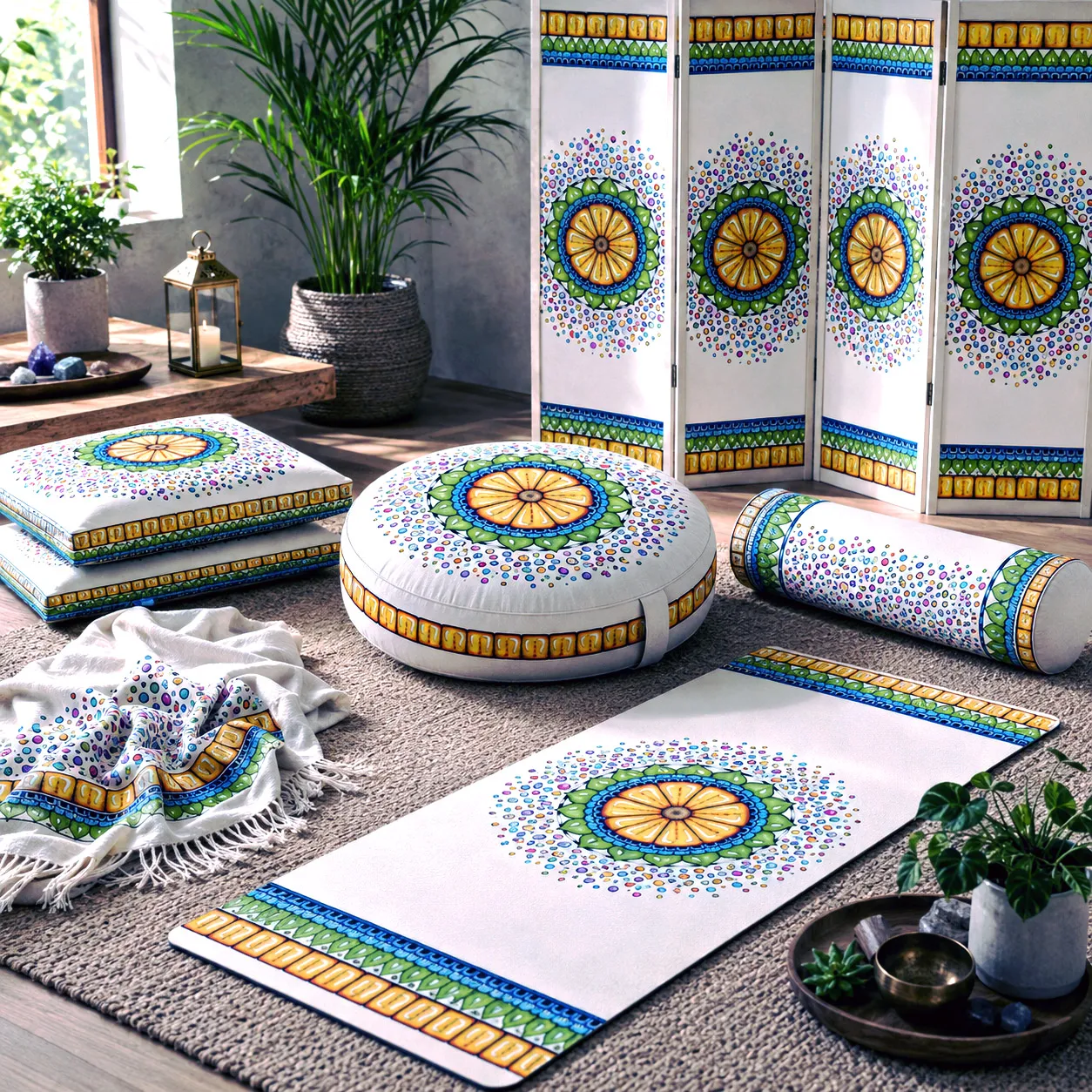 Meditation and floor lounge products featuring the Surrender to Grace design system.