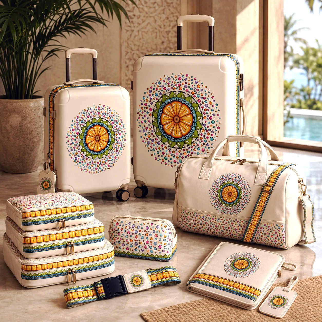 Premium luggage featuring the Surrender to Grace design system.