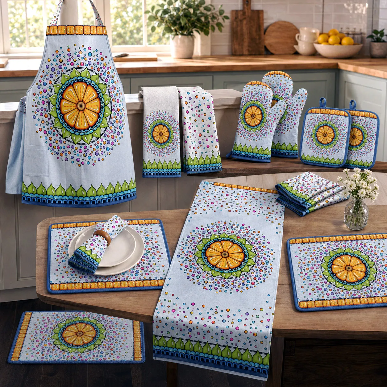 Premium kitchen and dining textiles featuring the Surrender to Grace design system.