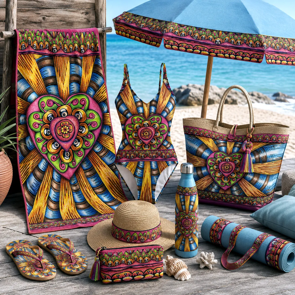Beach products featuring the Bursting Heart design system.