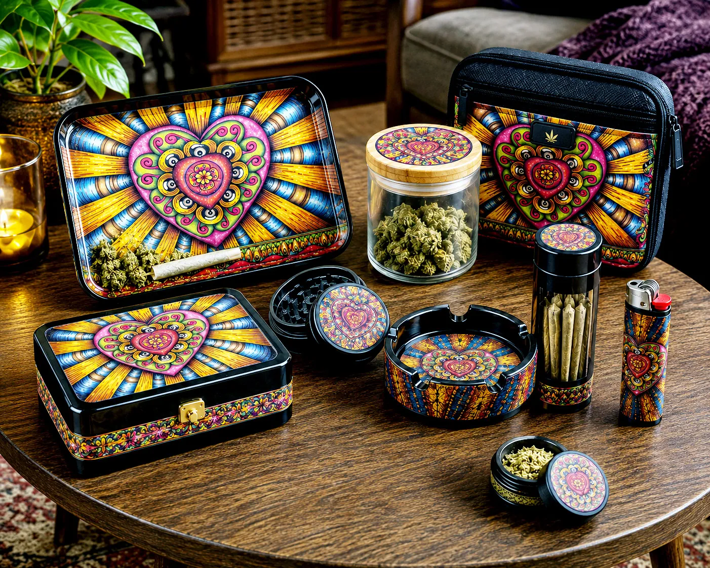 Cannabis accessories featuring the Bursting Heart design system.
