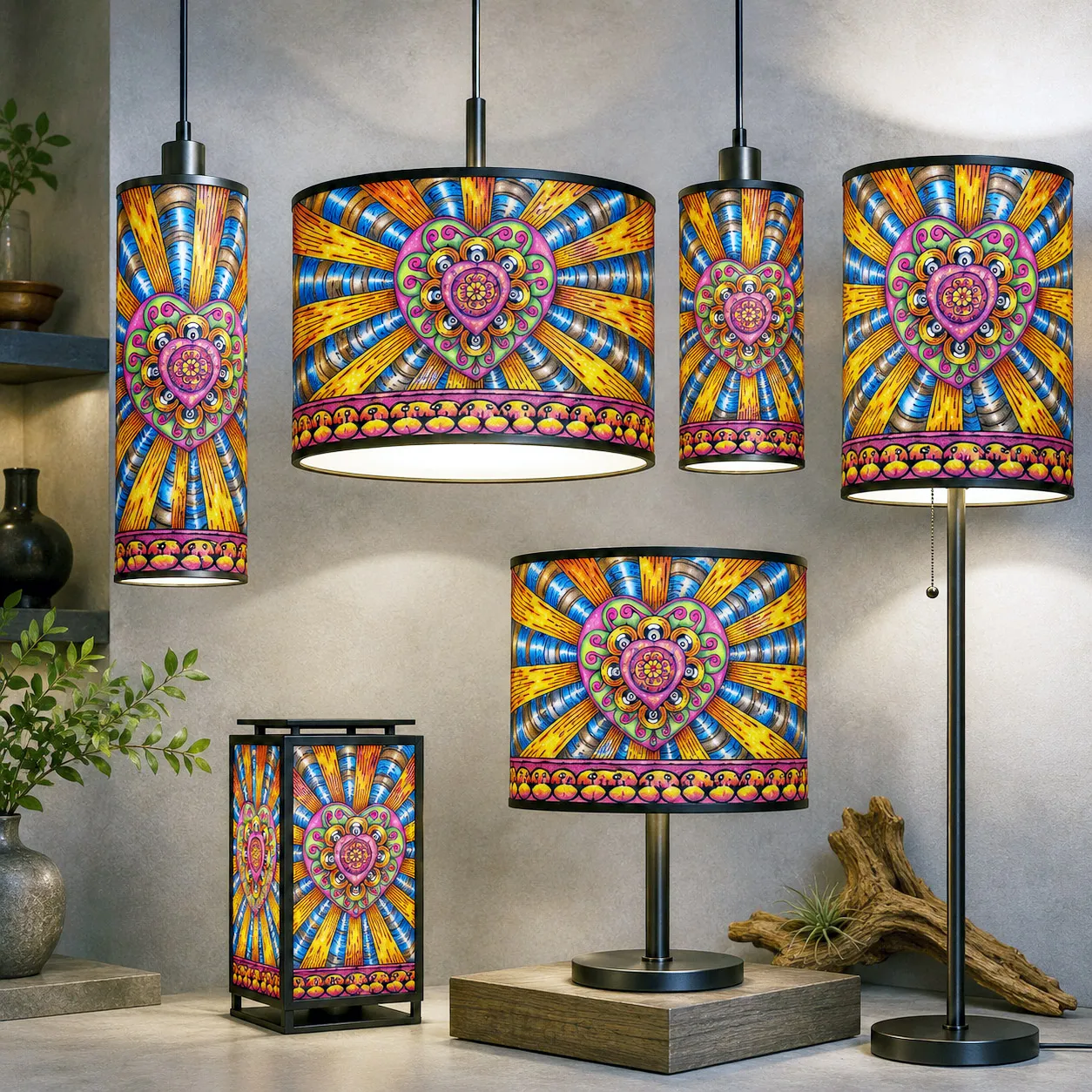 Contemporary lighting featuring the Bursting Heart design system.