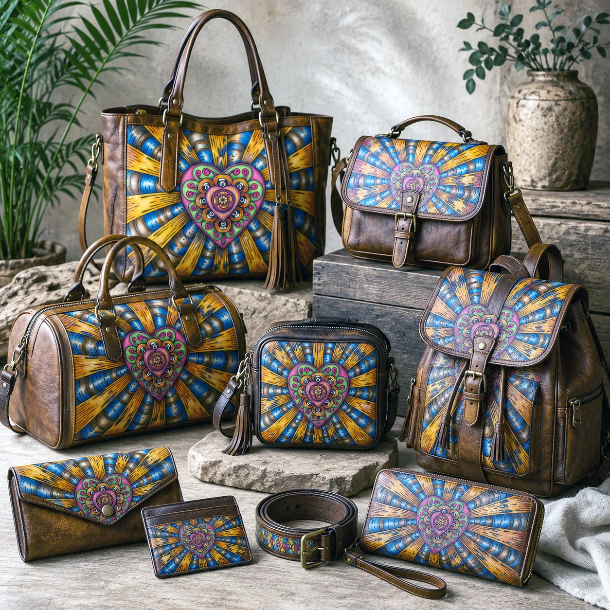 Leather goods and bags featuring the Bursting Heart design system.