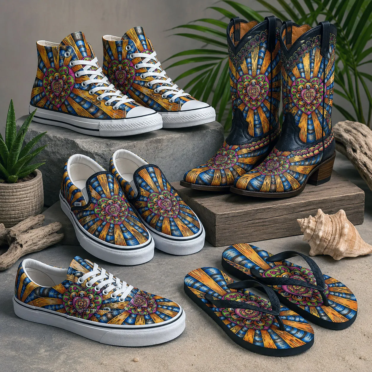 Premium footwear featuring the Bursting Heart design system.