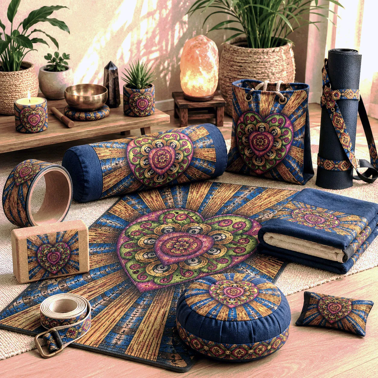 Yoga and wellness products featuring the Bursting Heart design system.