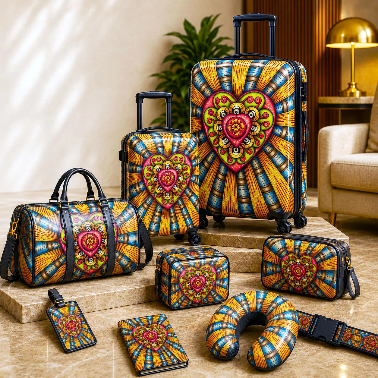 Premium luggage and travel accessories featuring the Bursting Heart design system.