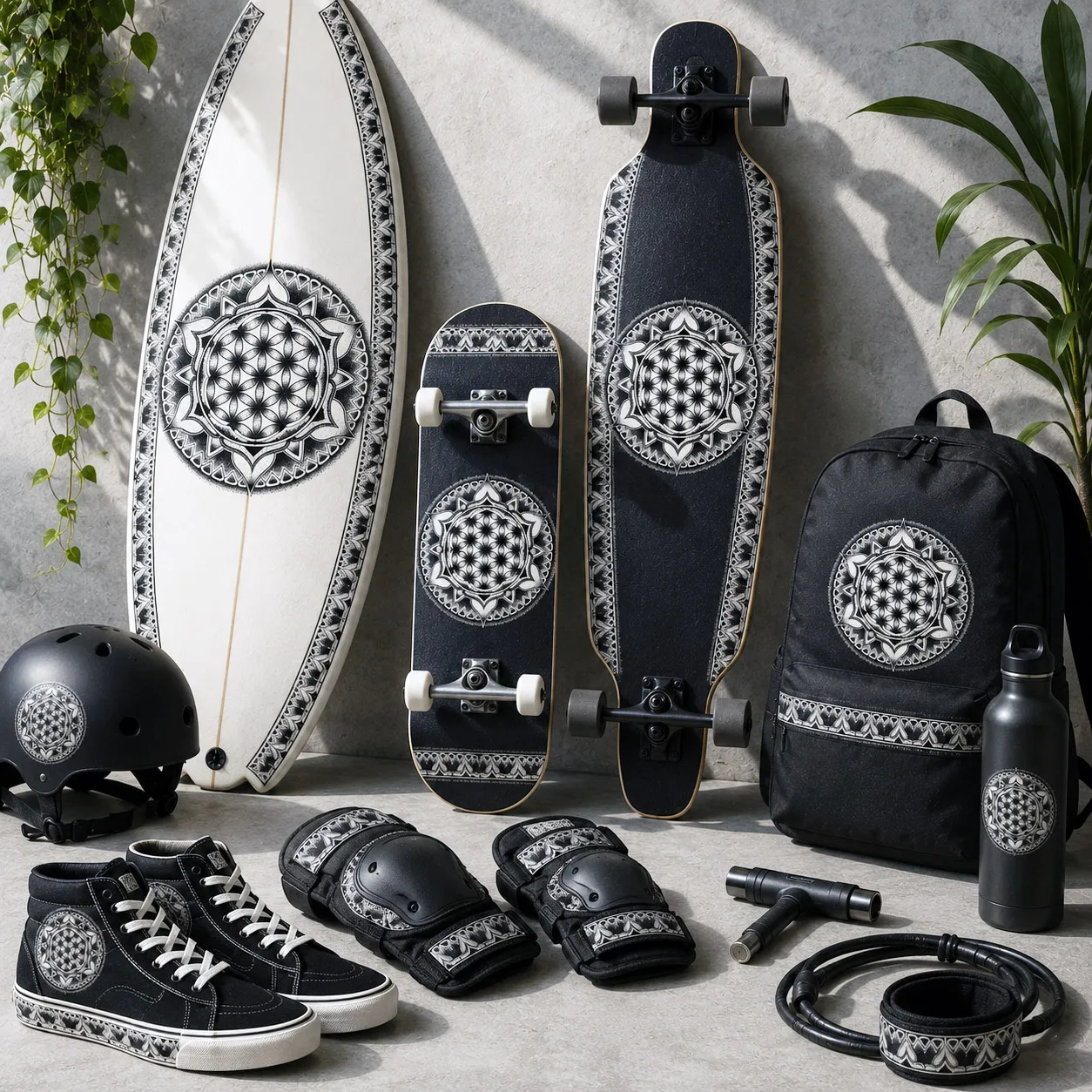 Board sports collection featuring the Flower of Life design system.