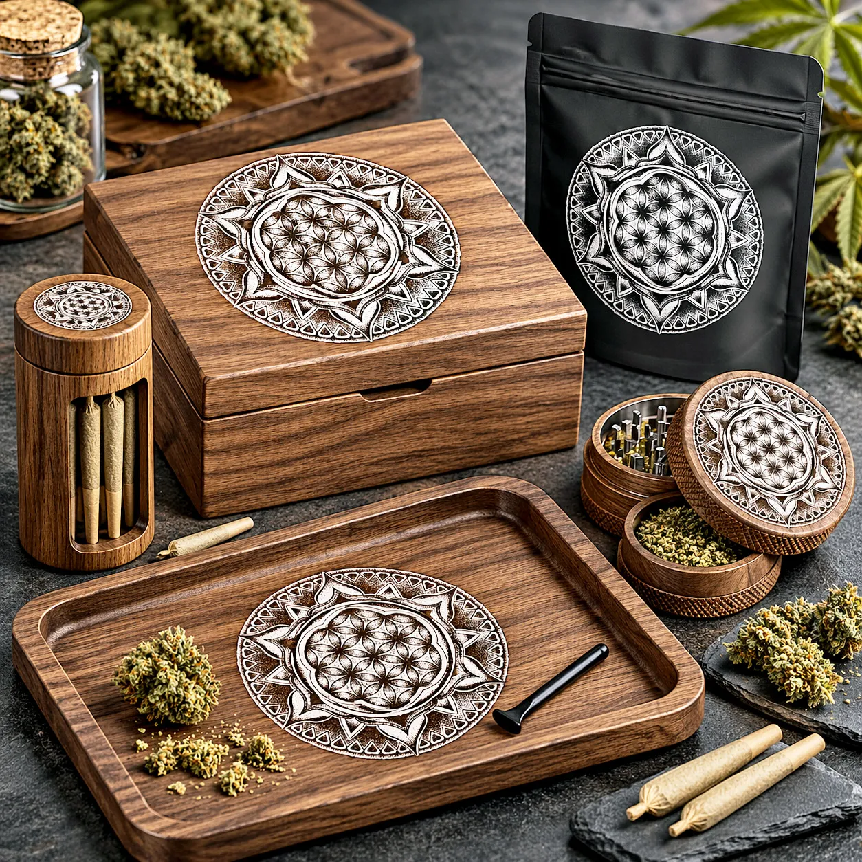 Featured Cannabis Mockup: Flower of Life artwork applied to premium cannabis accessories and packaging
