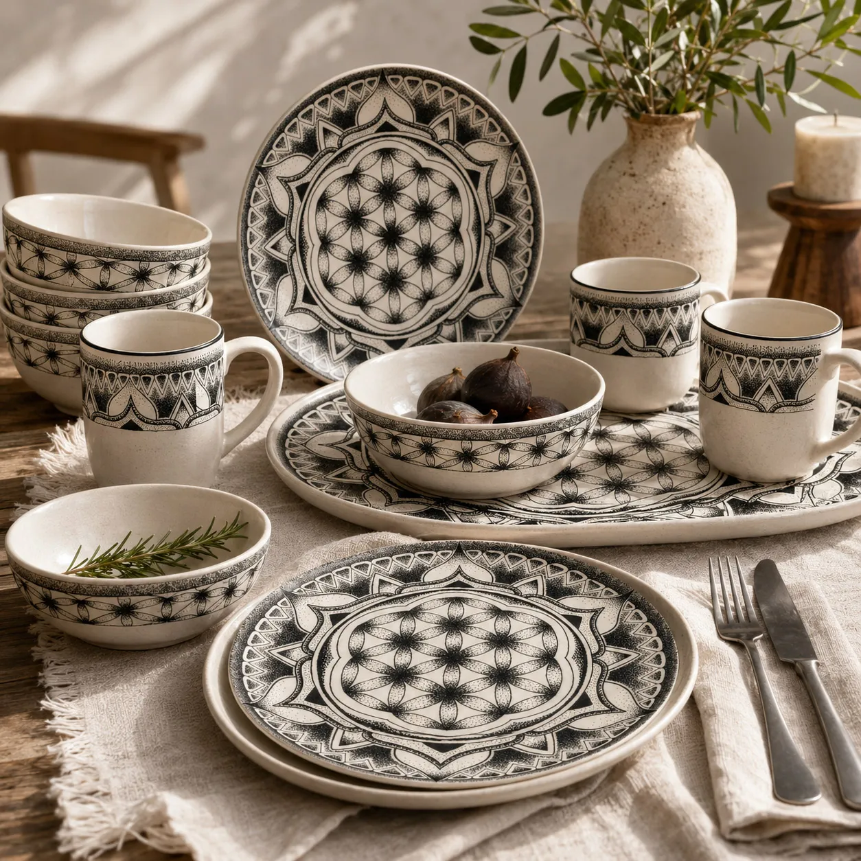 Ceramic tableware featuring the Flower of Life design system.