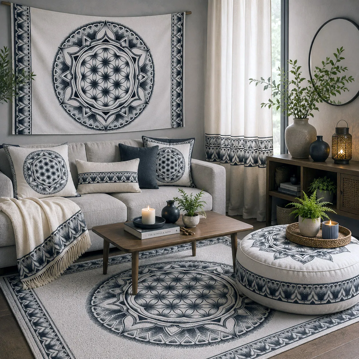 Featured Home Decor and Textiles Mockup: Flower of Life geometric artwork applied to contemporary home decor and textiles