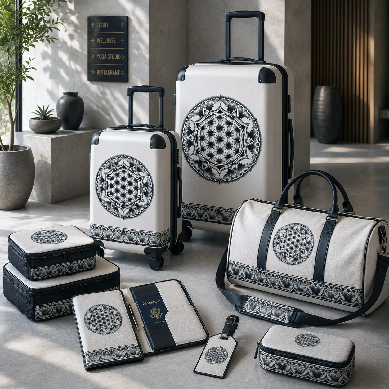 Featured Premium Luggage and Travel Mockup: Flower of Life artwork applied to coordinated luggage and travel accessories