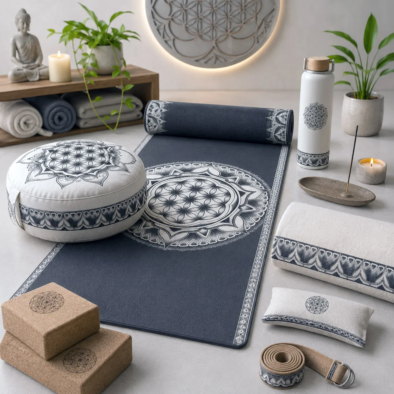 Featured Yoga, Meditation & Wellness Mockup: Flower of Life geometric artwork applied to yoga and meditation accessories