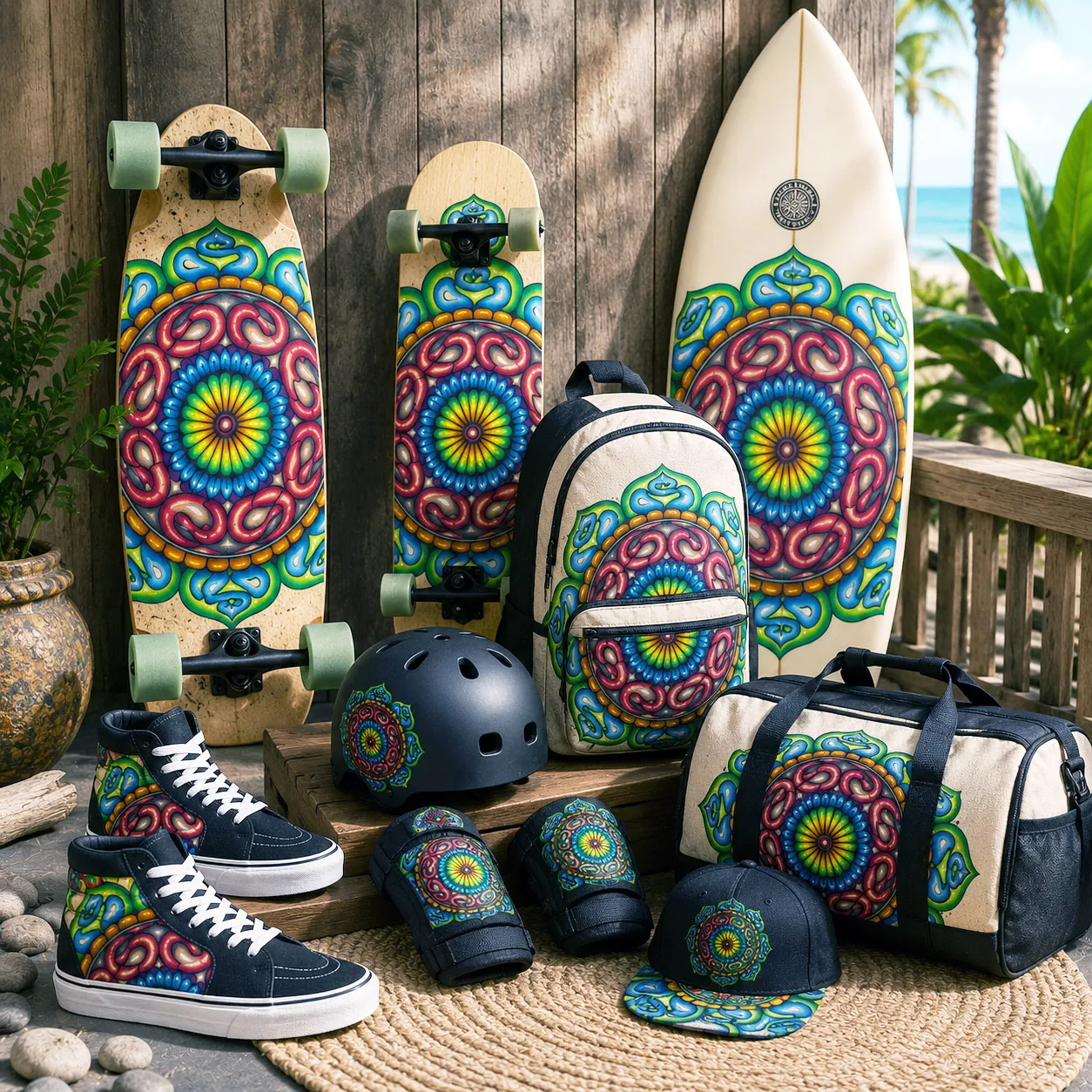 Boardsports: Grounded Core artwork applied to colorful boardsports equipment