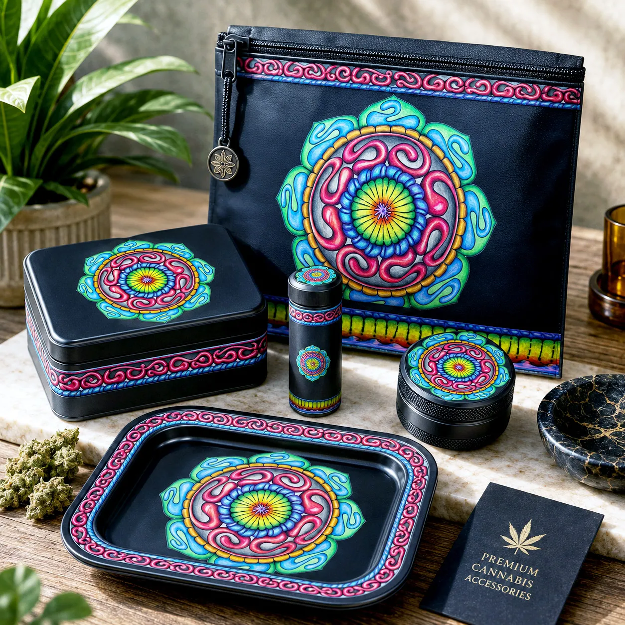 Cannabis: Grounded Core artwork applied to cannabis lifestyle products and accessories