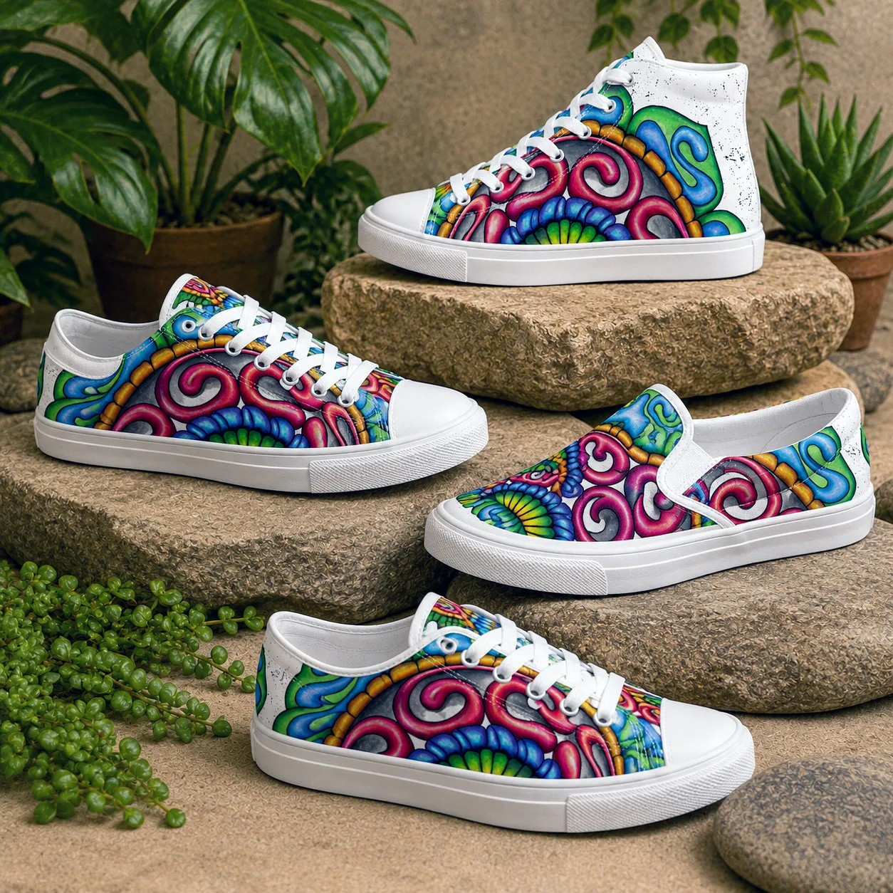 Footwear: Grounded Core artwork applied to colorful contemporary footwear