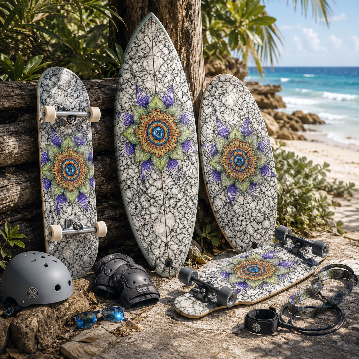 Ethereal design system applied to coordinated boardsports equipment and accessories.