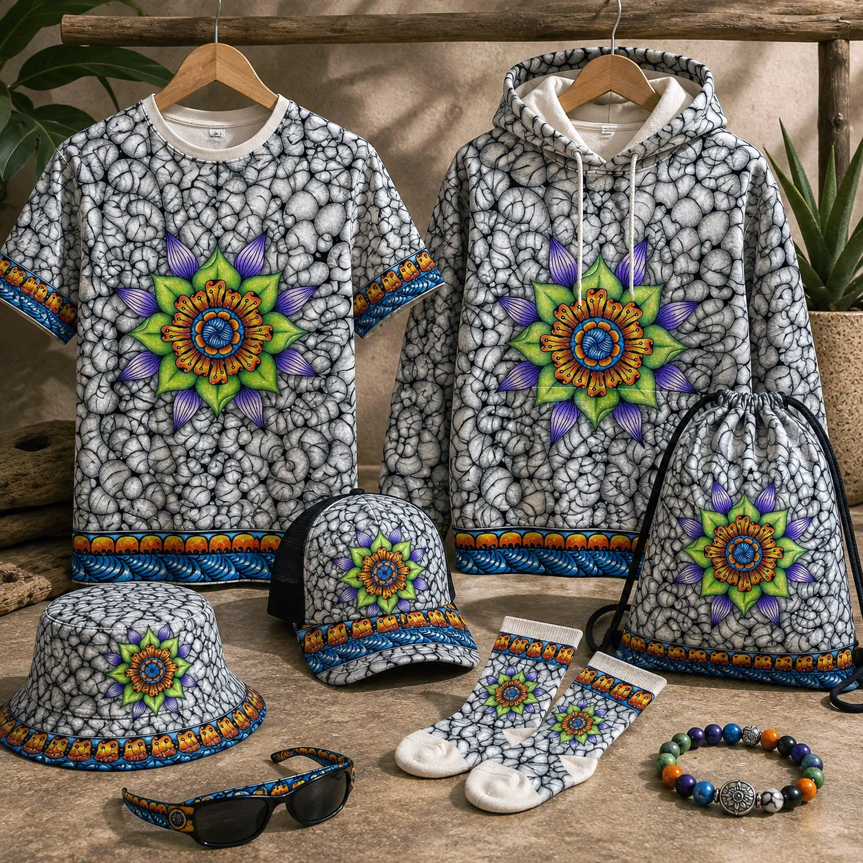 Ethereal design system applied to coordinated apparel, bags, hats, and fashion accessories.