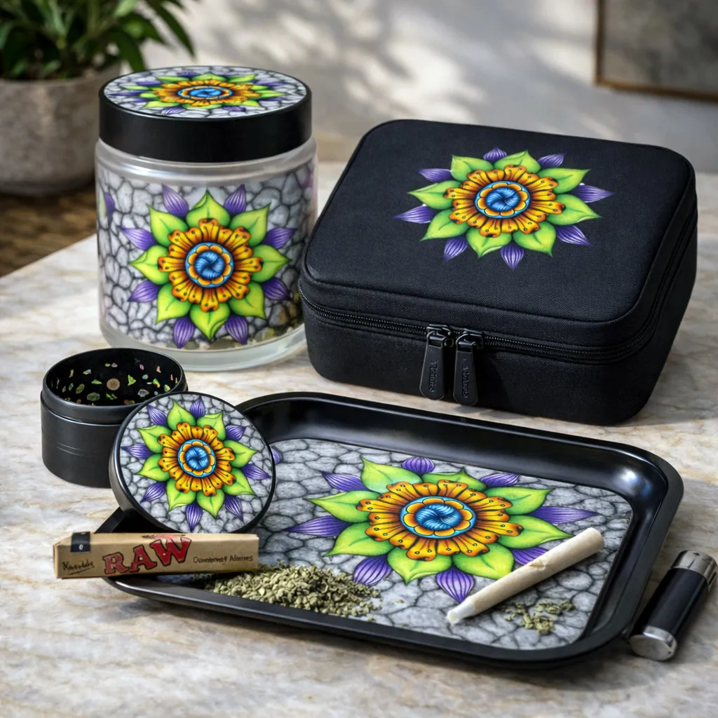 Ethereal design system applied to coordinated cannabis packaging and accessories.