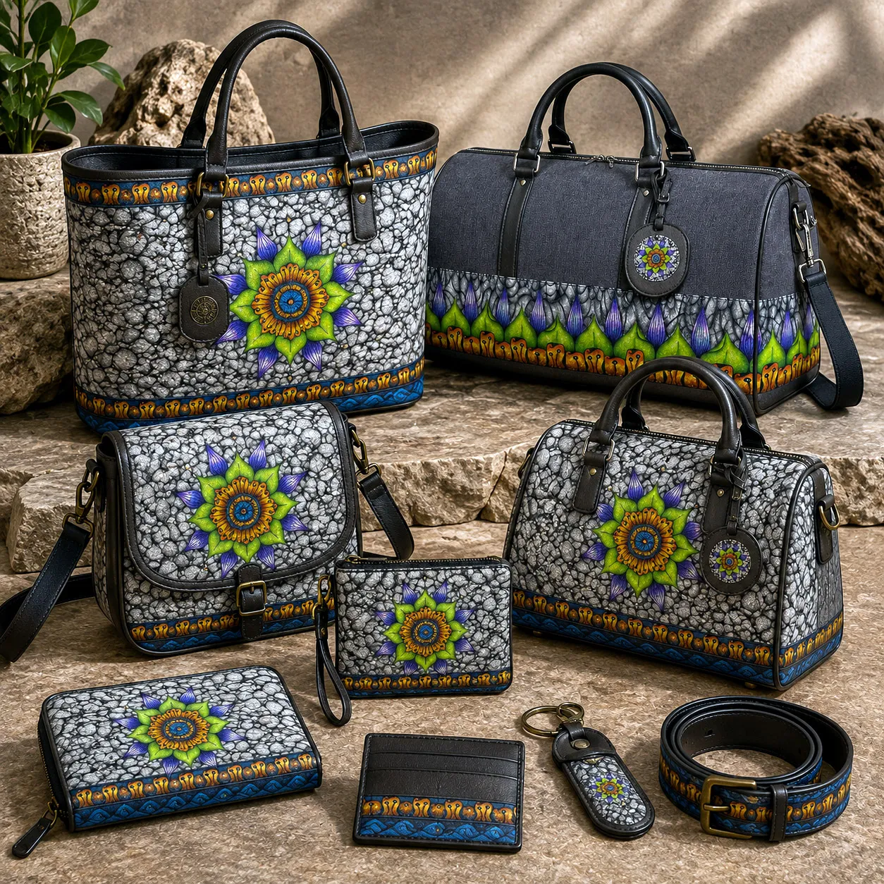Ethereal design system applied to coordinated leather bags, wallets, and travel accessories.