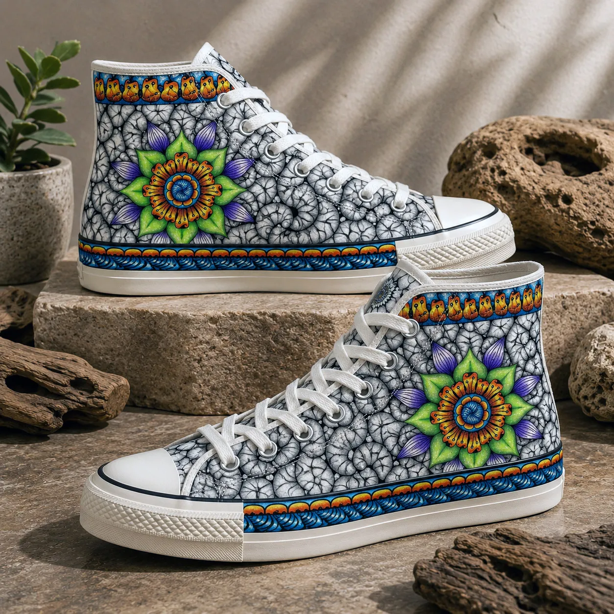 Ethereal design system applied to coordinated high-top and low-top sneakers.