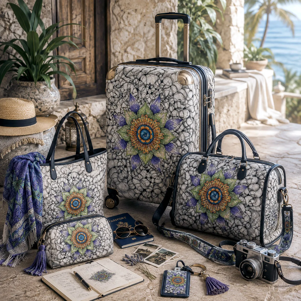 Ethereal design system applied to coordinated premium luggage, travel bags, and accessories.