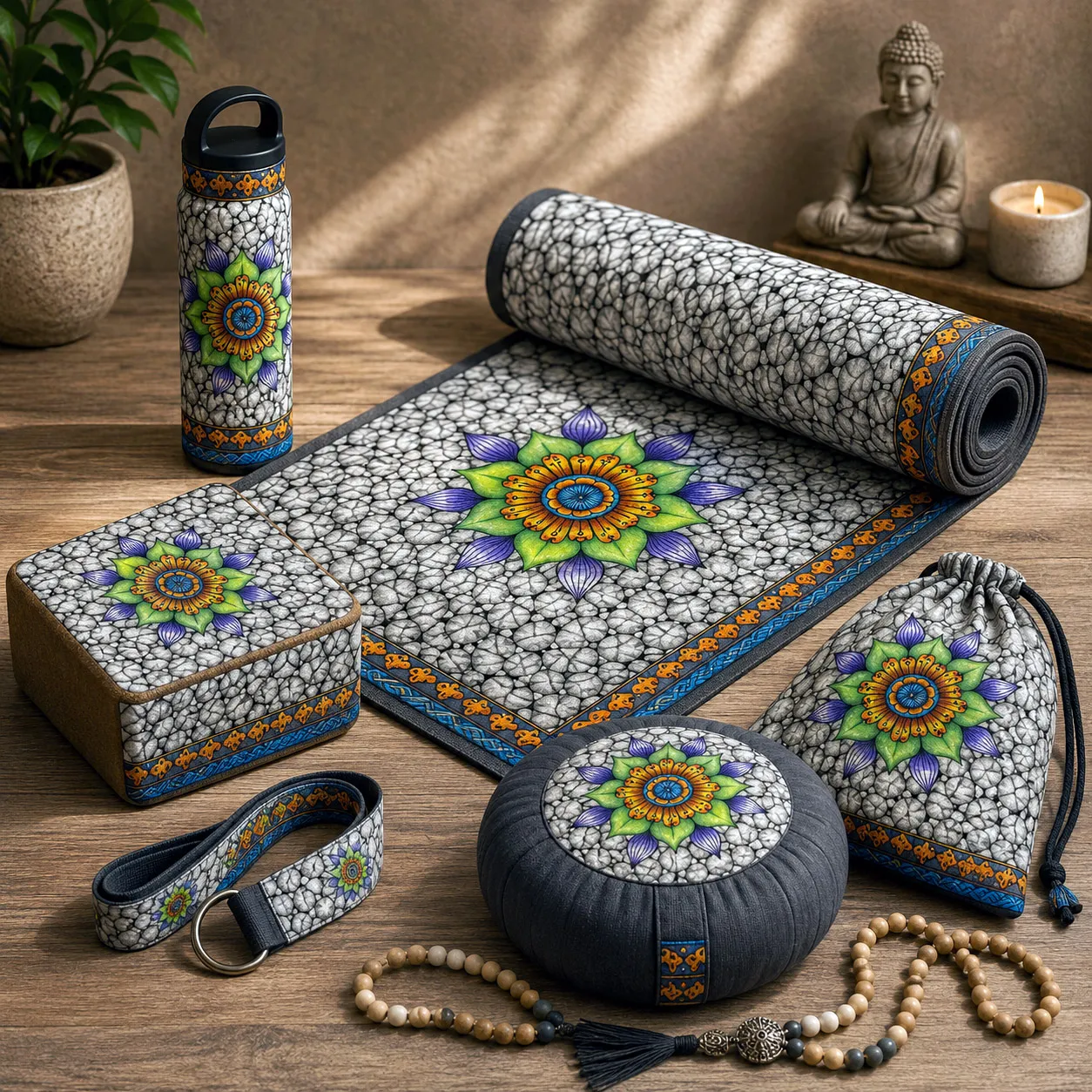Ethereal design system applied to coordinated yoga, meditation and wellness products.