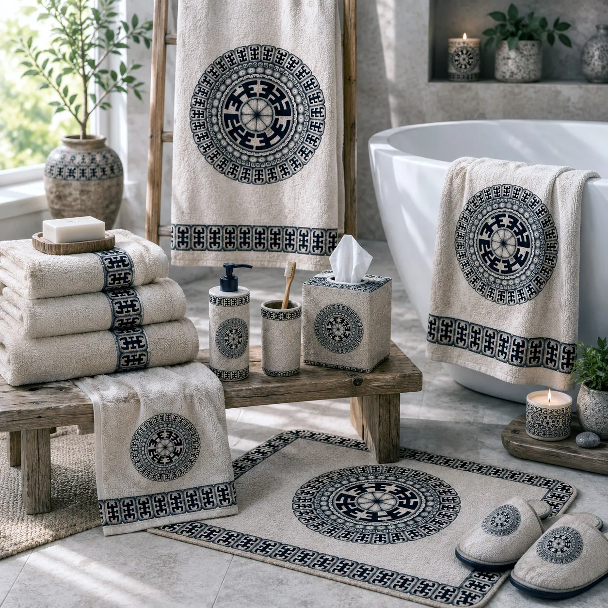 Bed and bath products featuring the Komo design system.