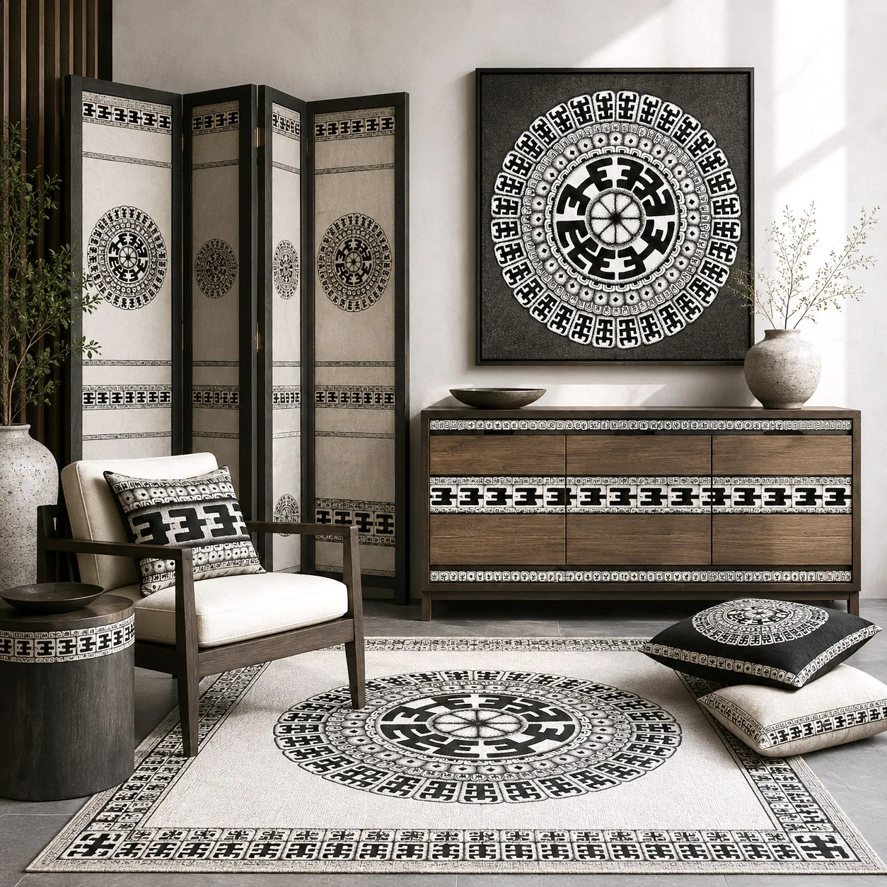 Home decor and textiles featuring the Komo design system.