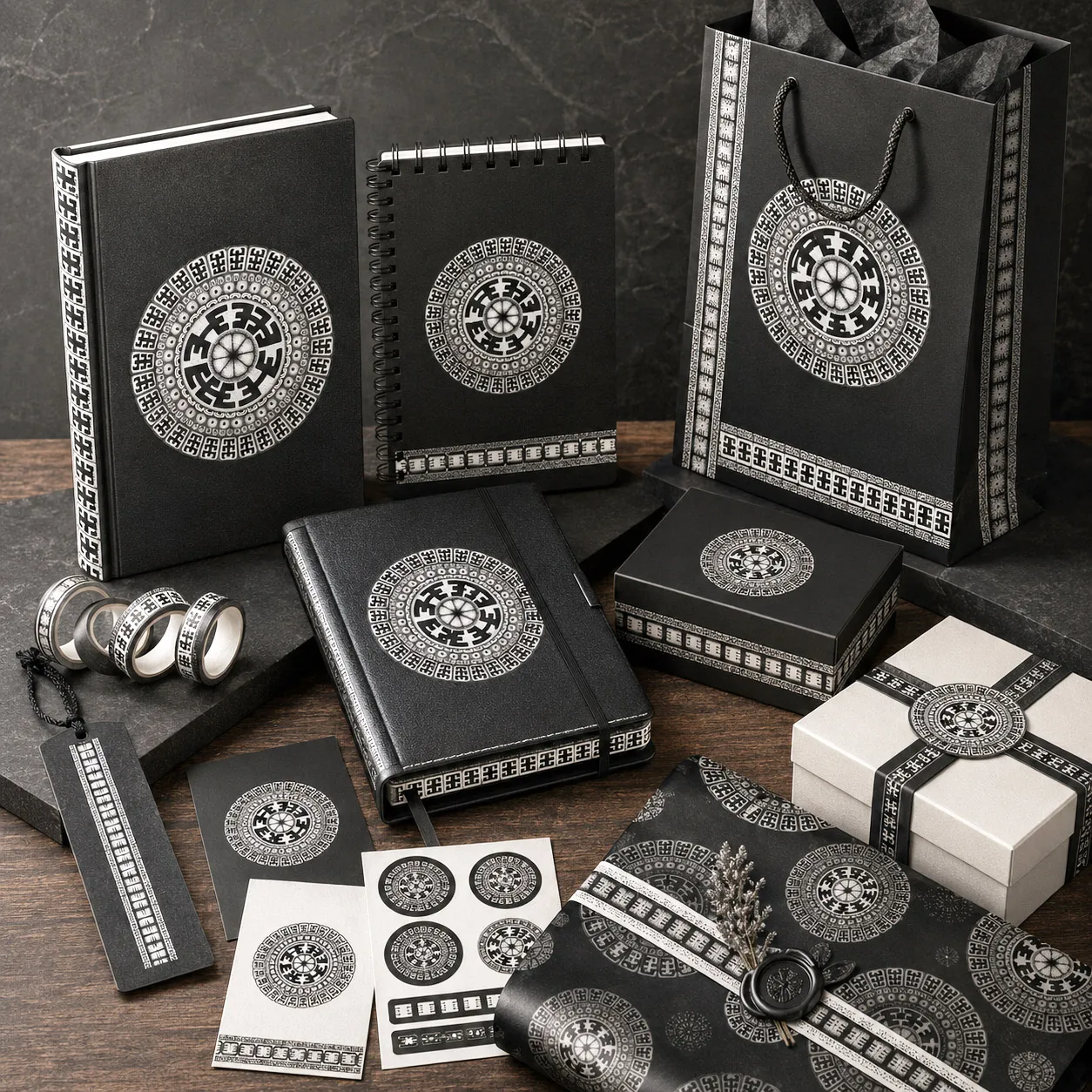 Stationery, journals, and premium gift packaging featuring the Komo design system.