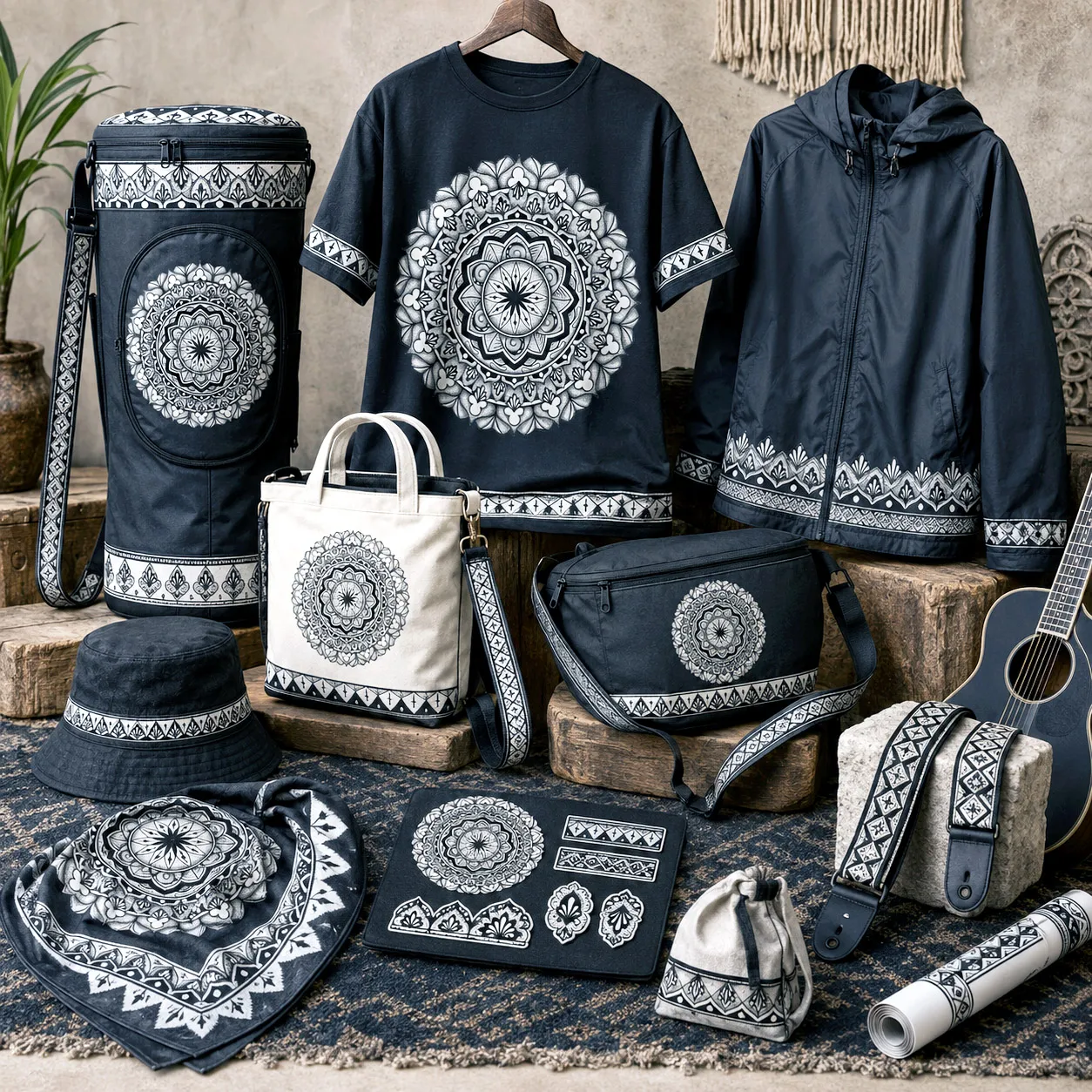 Fashion and lifestyle products featuring the Rhythmic Pulse design system.