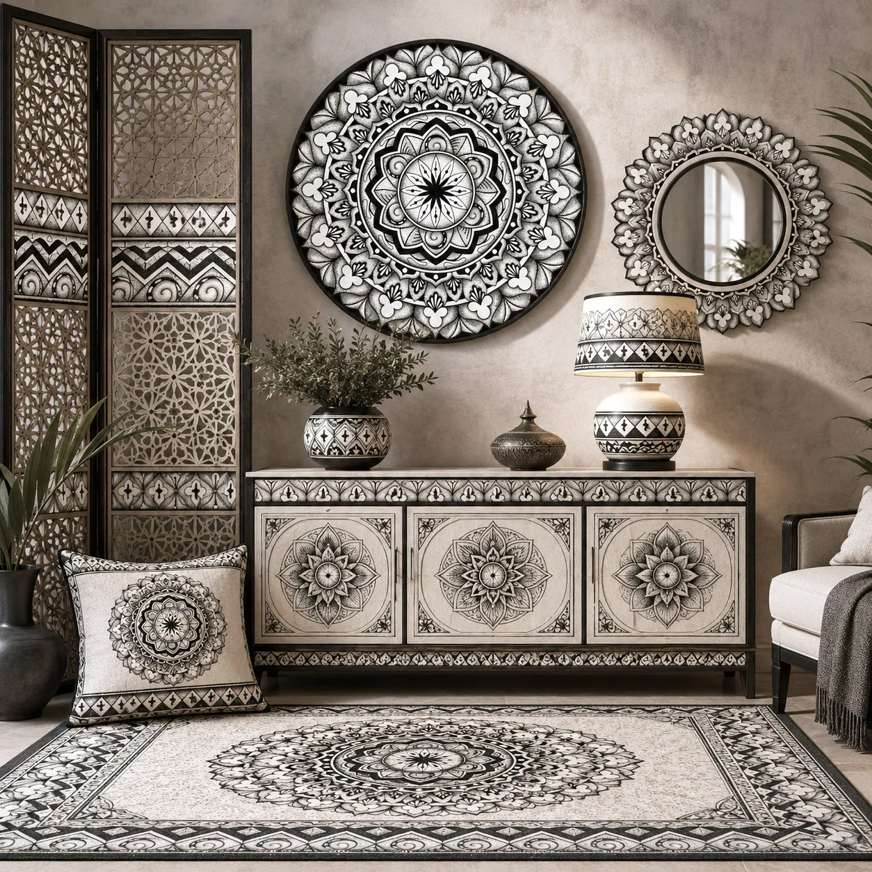 Home decor and wall panels featuring the Rhythmic Pulse design system.
