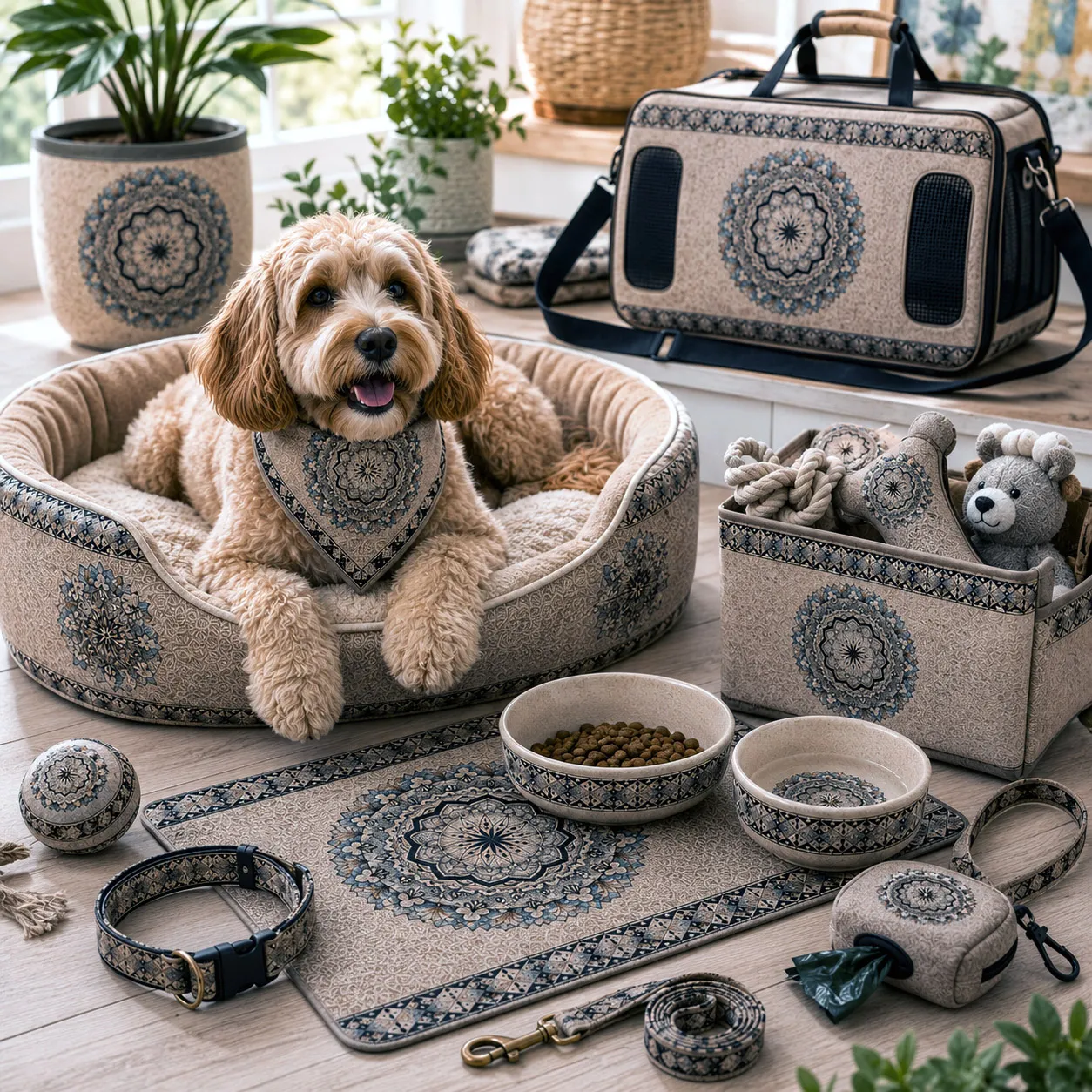 Pet accessories featuring the Rhythmic Pulse design system.