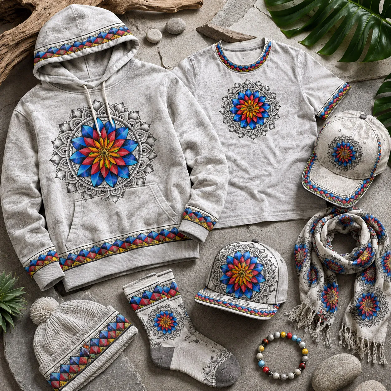 Inner Coherence design system applied to coordinated apparel and accessories, including a hoodie, T-shirt, caps, scarf, socks, and knit hat.