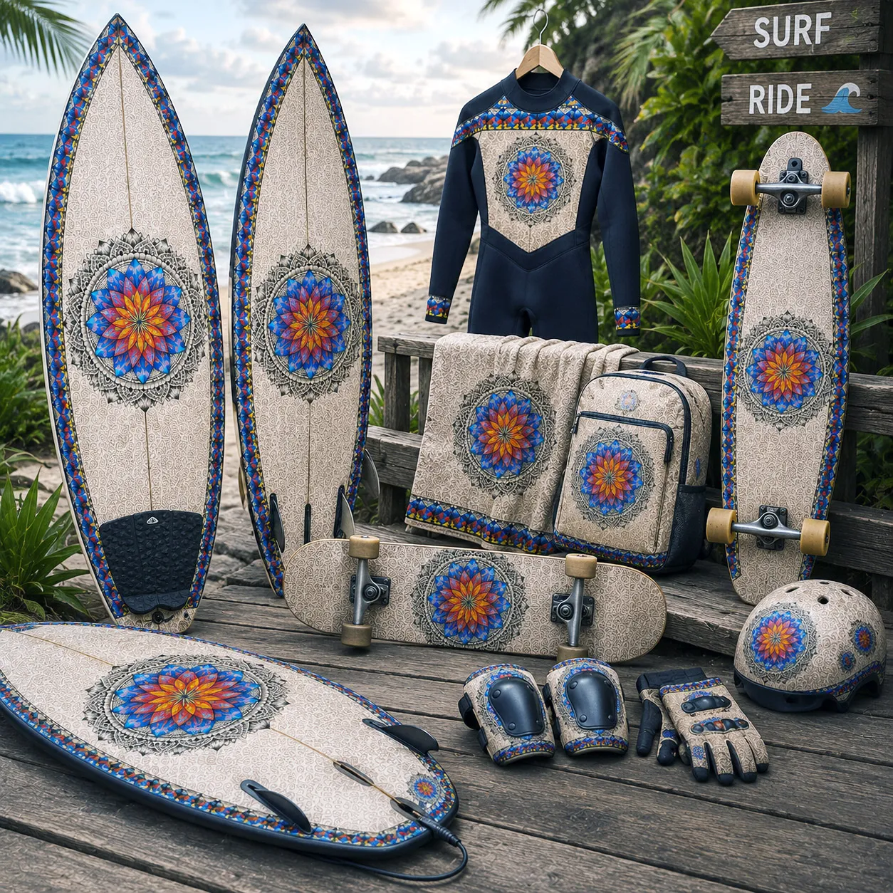 Inner Coherence design system applied to coordinated boardsports equipment and accessories.