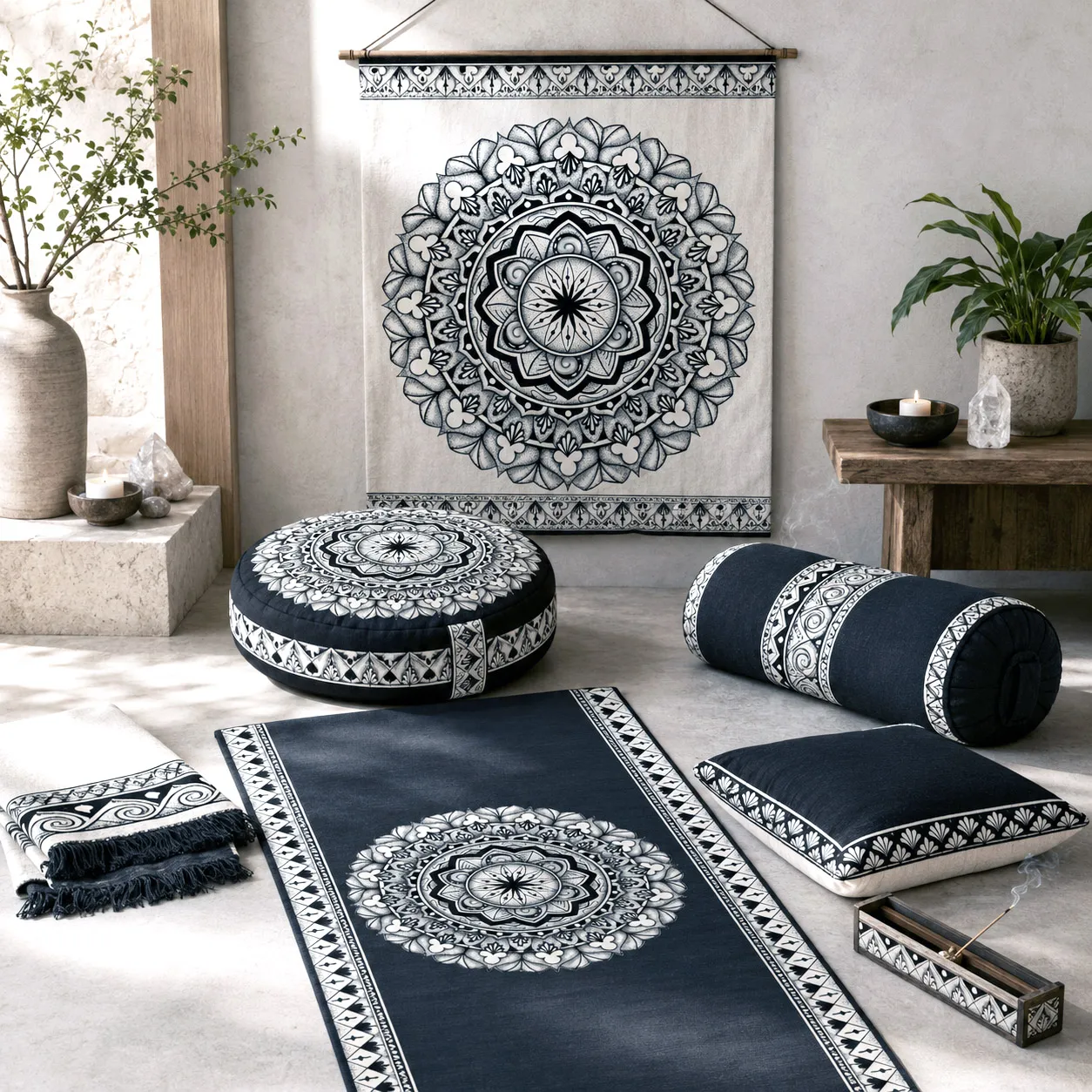 Yoga and meditation products featuring the Rhythmic Pulse design system.