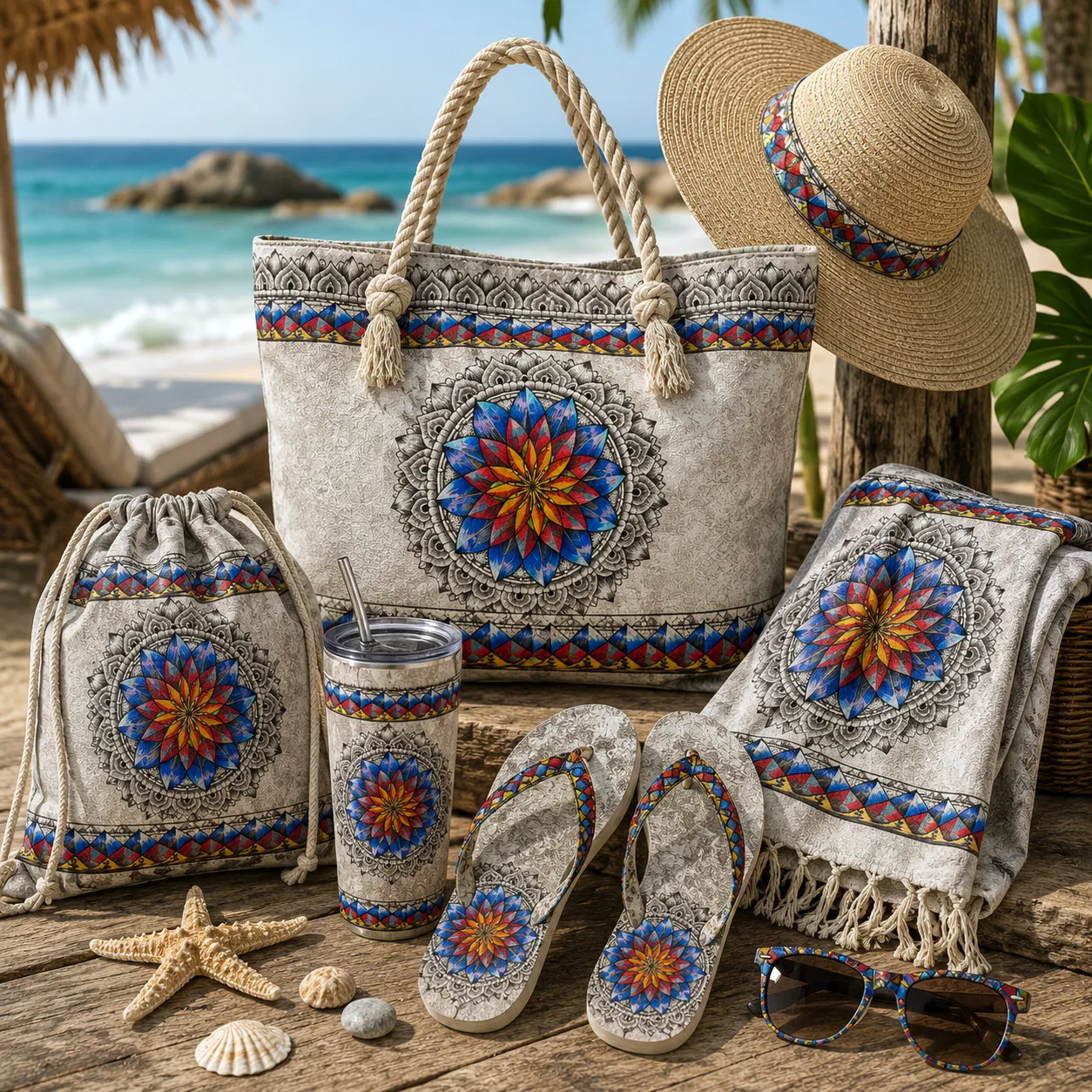 Inner Coherence design system applied to coordinated beach and resort accessories, including bags, sandals, towels, and hats.