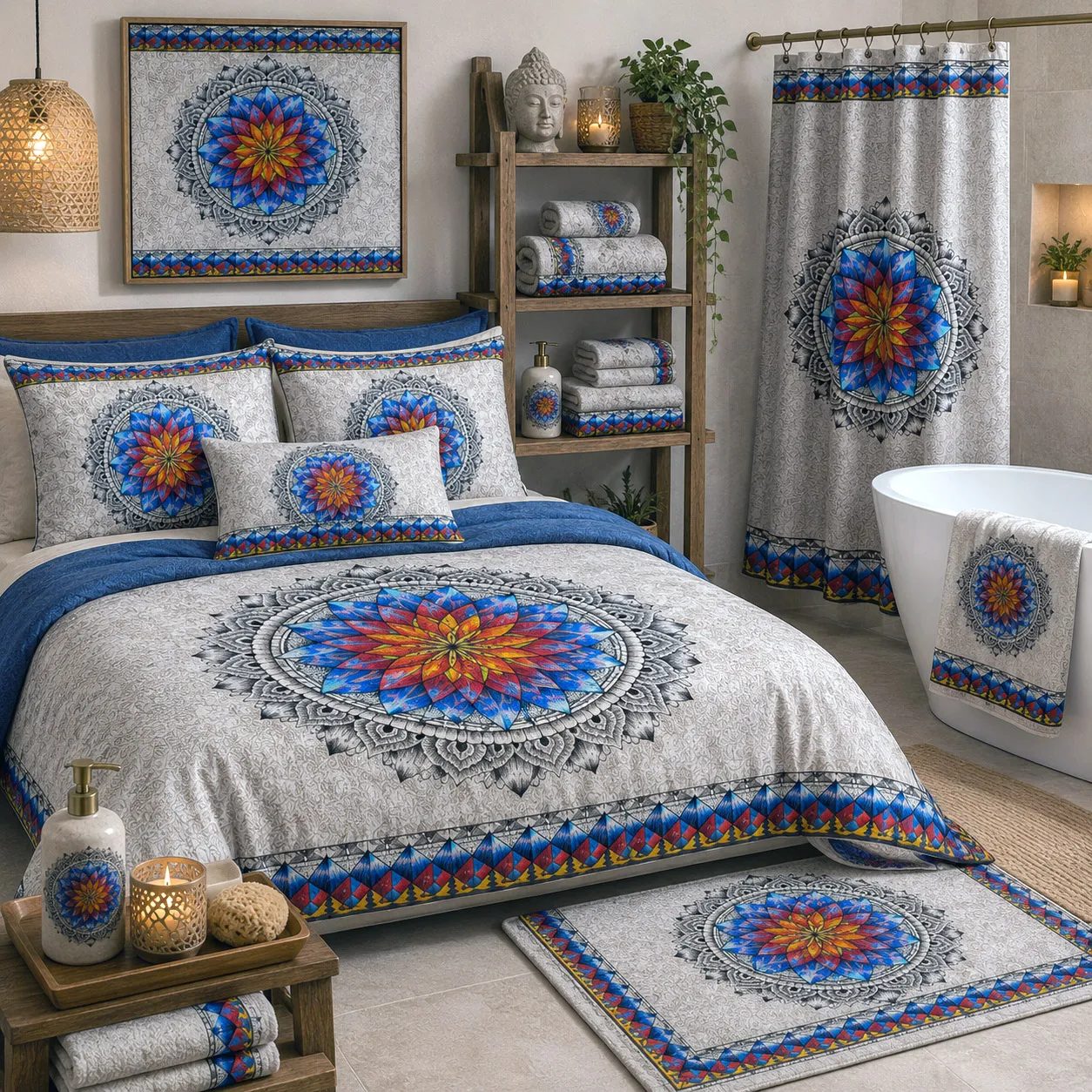 Inner Coherence design system applied to coordinated bedding, bath textiles, and decorative accessories.