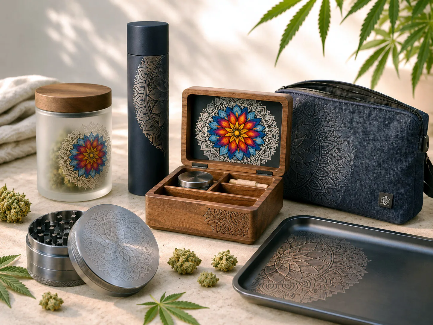 Inner Coherence design system applied to coordinated cannabis packaging and accessories.