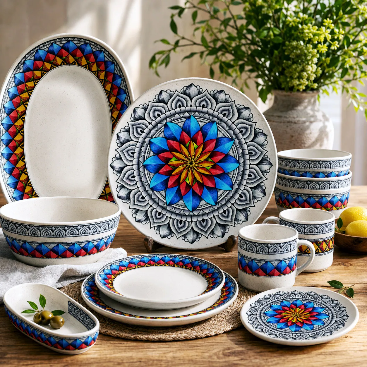 Inner Coherence design system applied to coordinated tableware, dinnerware, and serving pieces.