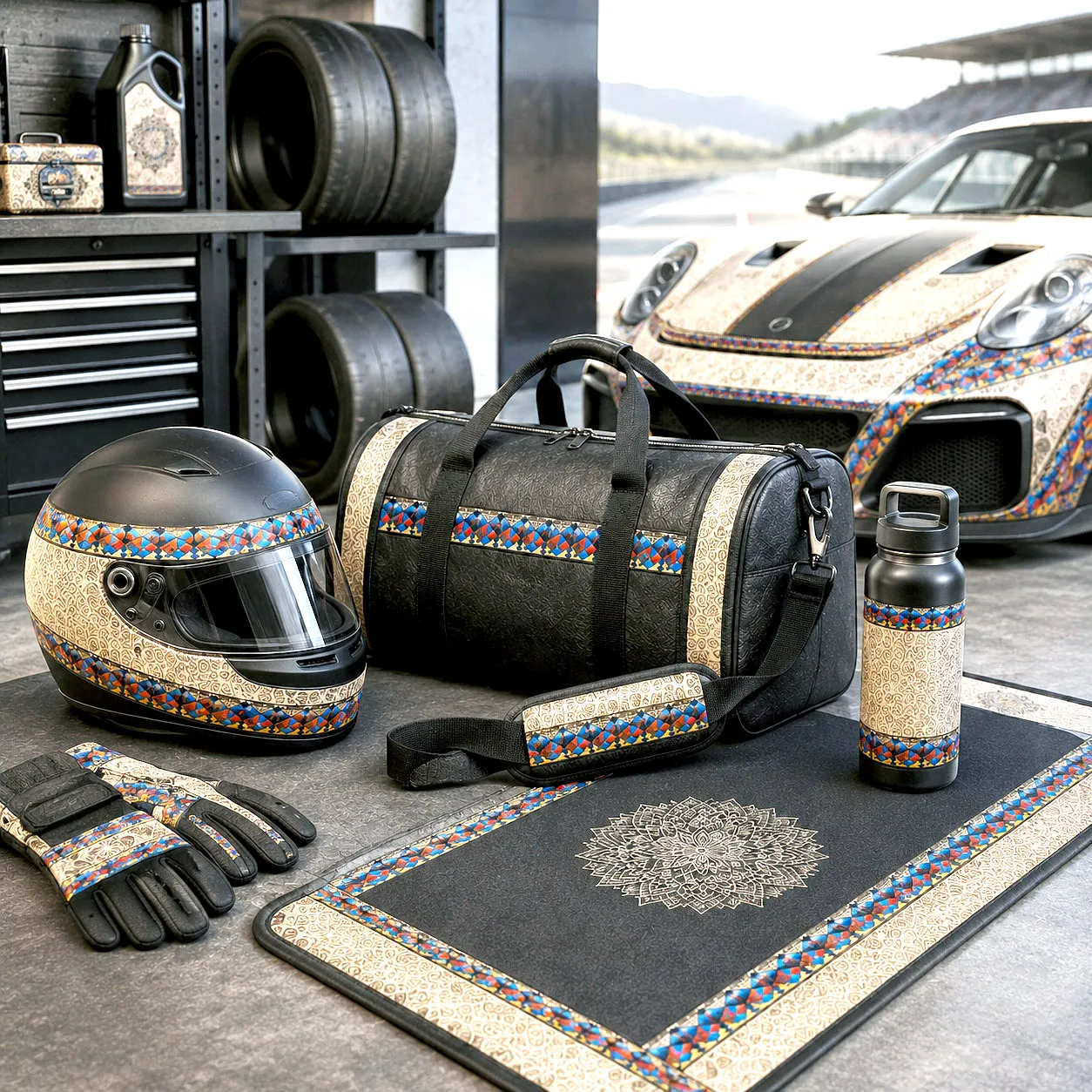 Inner Coherence design system applied to coordinated motorsports gear and accessories.