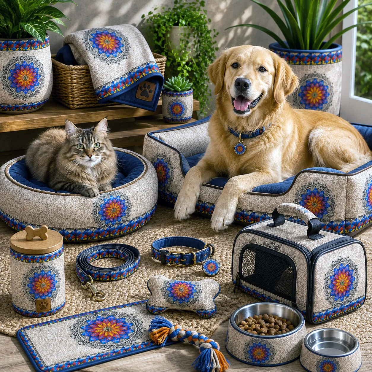 Inner Coherence design system applied to coordinated pet beds, bowls, collars, and accessories.